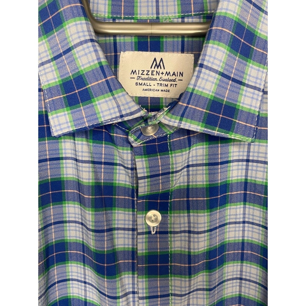 MIZZEN+MAIN Trim Fit Button-Up Shirt   Blue Check Plaid  Poly Spandex  (Men's S) - Picture 2 of 4